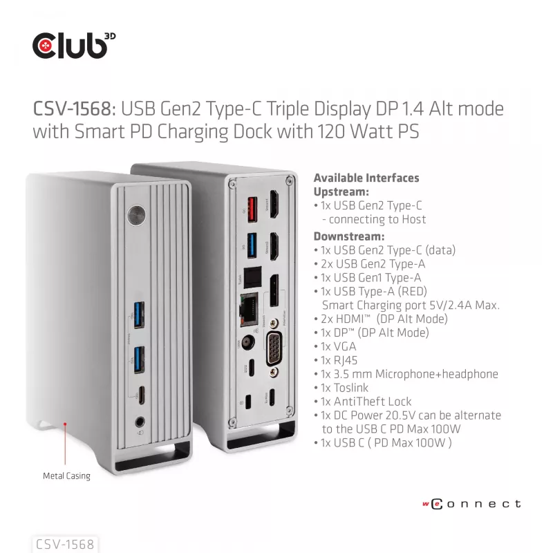 Dockingstation CLUB3D CSV-1568 metalen behuizing USB Gen2 Type-C USB Gen2 Type-A HDMI DP VGA RJ45 120W