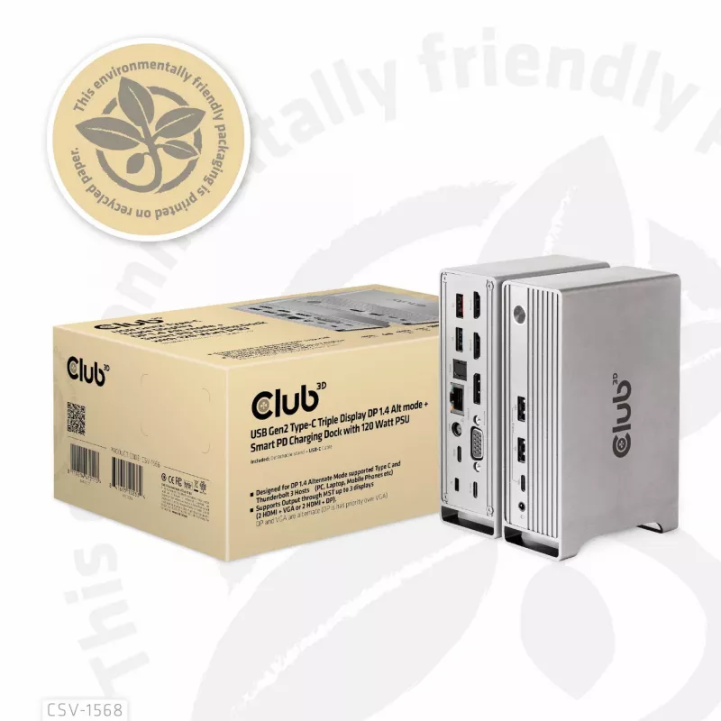 Dockingstation CLUB3D CSV-1568 metalen behuizing USB Gen2 Type-C USB Gen2 Type-A HDMI DP VGA RJ45 120W