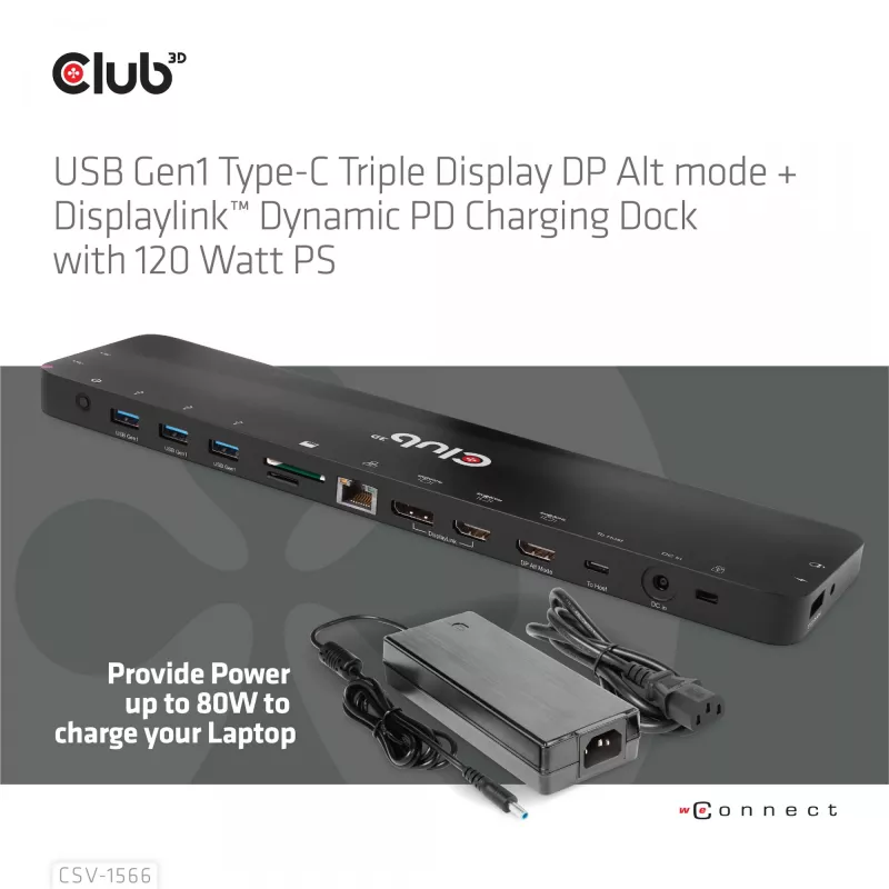 CLUB3D USB Gen1 Type-C triple display DP Alt Mode Displaylink dynamic PD charging dock met 120-watt voeding