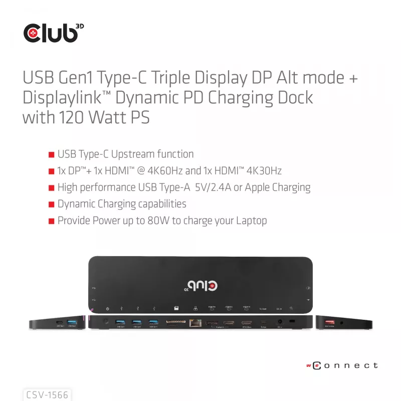 CLUB3D USB Gen1 Type-C triple display DP Alt Mode Displaylink dynamic PD charging dock met 120-watt voeding