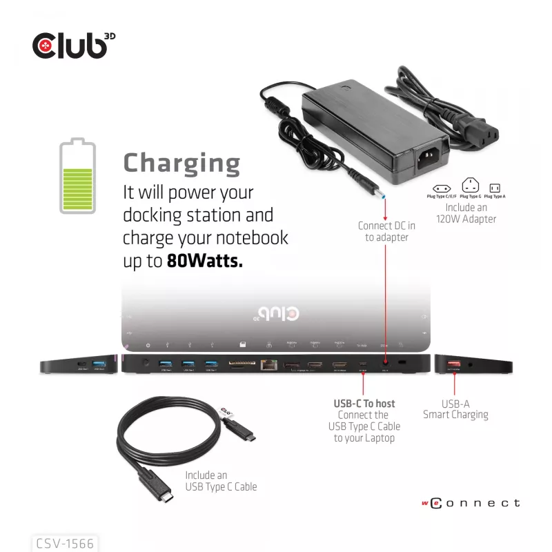 CLUB3D USB Gen1 Type-C triple display DP Alt Mode Displaylink dynamic PD charging dock met 120-watt voeding