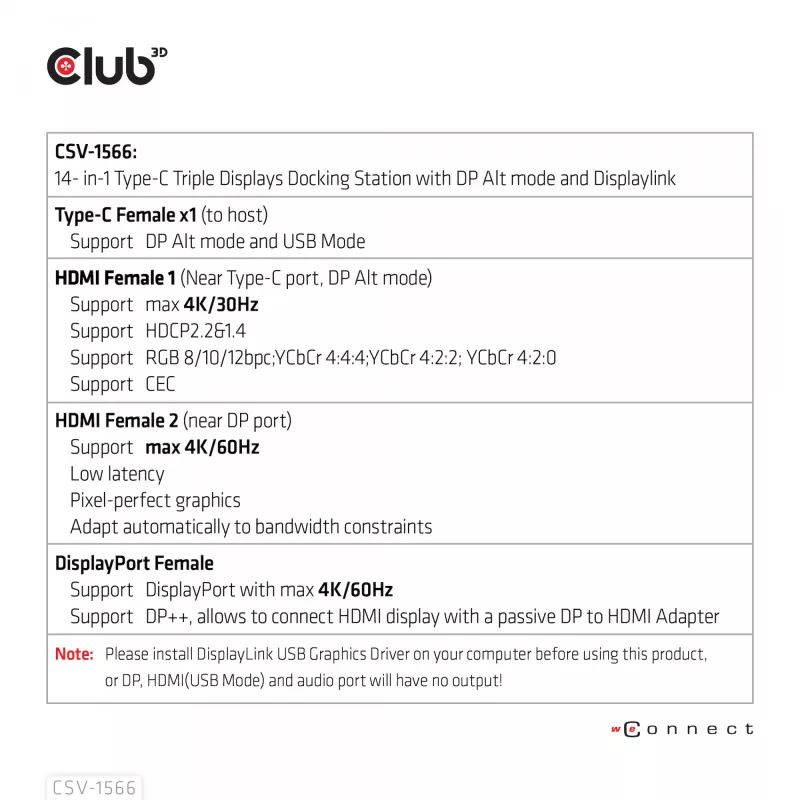 CLUB3D USB Gen1 Type-C triple display DP Alt Mode Displaylink dynamic PD charging dock met 120-watt voeding