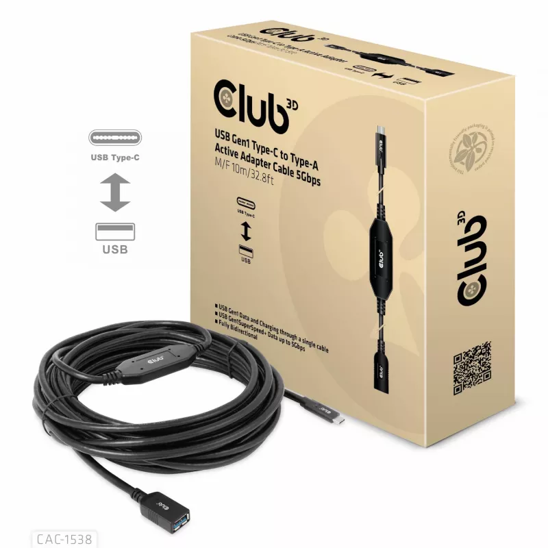 Club 3D CAC-1538 USB-C naar USB-A actieve kabel, USB 3.2 Gen1 5 Gbps, male/female, 10 m, zwart