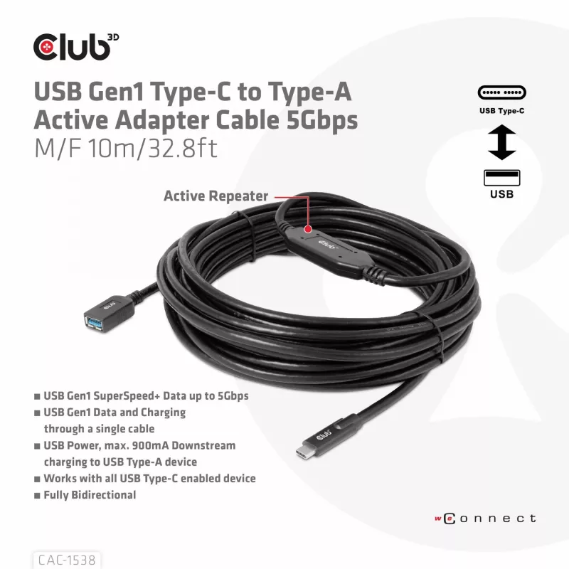 Club 3D CAC-1538 USB-C naar USB-A actieve kabel, USB 3.2 Gen1 5 Gbps, male/female, 10 m, zwart