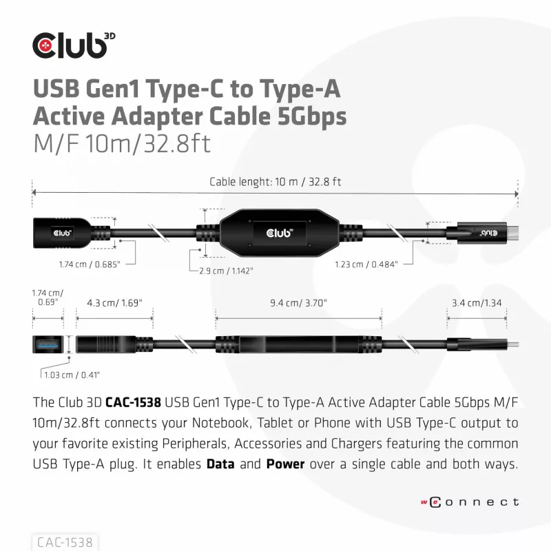 Club 3D CAC-1538 USB-C naar USB-A actieve kabel, USB 3.2 Gen1 5 Gbps, male/female, 10 m, zwart