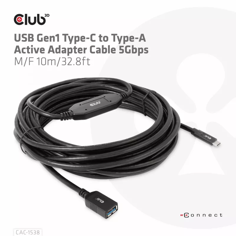 Club 3D CAC-1538 USB-C naar USB-A actieve kabel, USB 3.2 Gen1 5 Gbps, male/female, 10 m, zwart