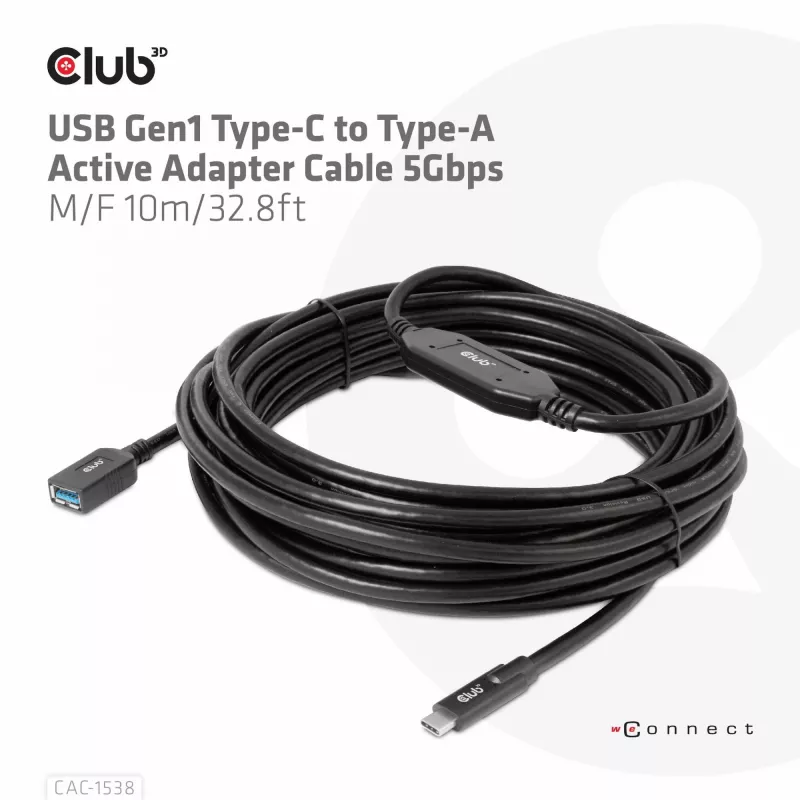 Club 3D CAC-1538 USB-C naar USB-A actieve kabel, USB 3.2 Gen1 5 Gbps, male/female, 10 m, zwart