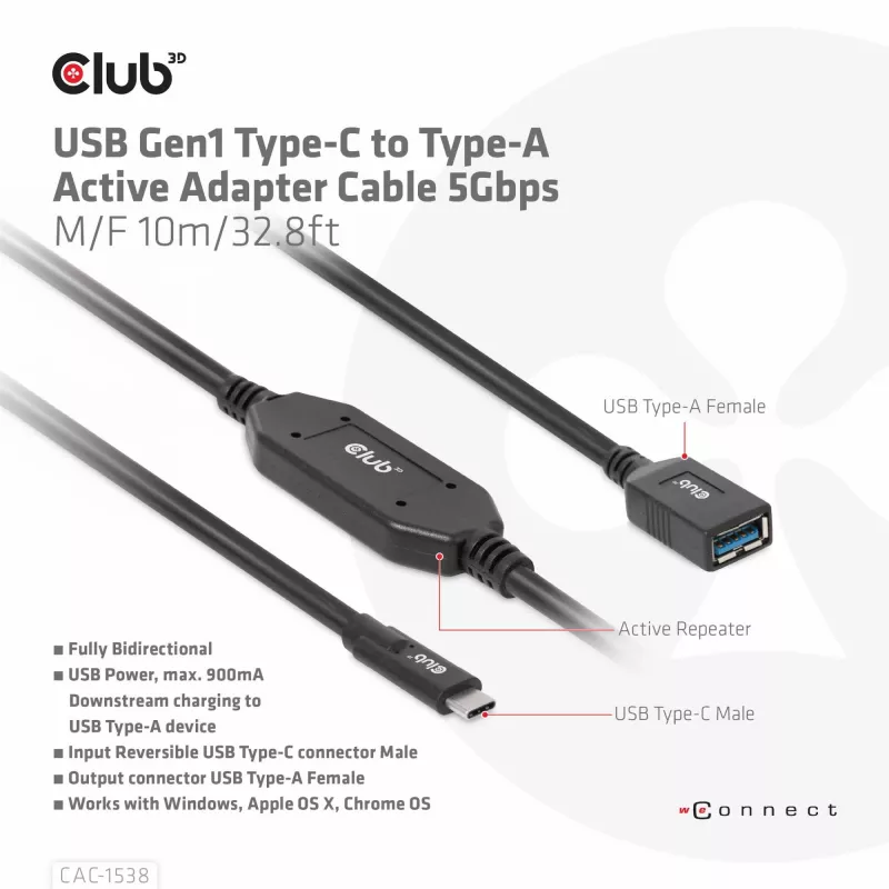 Club 3D CAC-1538 USB-C naar USB-A actieve kabel, USB 3.2 Gen1 5 Gbps, male/female, 10 m, zwart