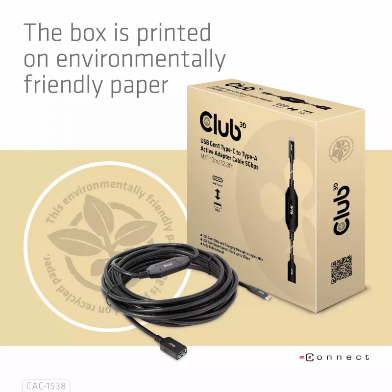 Club 3D CAC-1538 USB-C naar USB-A actieve kabel, USB 3.2 Gen1 5 Gbps, male/female, 10 m, zwart