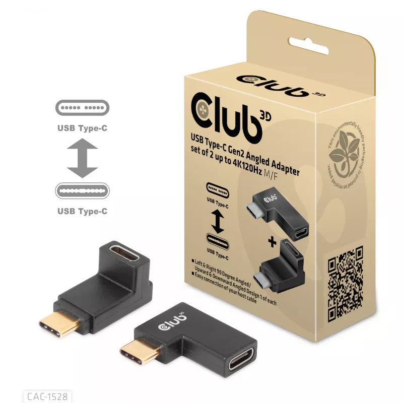 USB Type-C Gen2 haakse adapterset, 2 stuks CLUB3D CAC-1528 — USB-C naar USB-C, ondersteunt 4K@120Hz