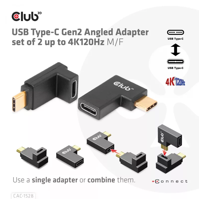 USB Type-C Gen2 haakse adapterset, 2 stuks CLUB3D CAC-1528 — USB-C naar USB-C, ondersteunt 4K@120Hz
