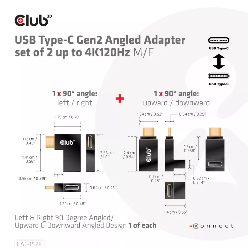USB Type-C Gen2 haakse adapterset, 2 stuks CLUB3D CAC-1528 — USB-C naar USB-C, ondersteunt 4K@120Hz