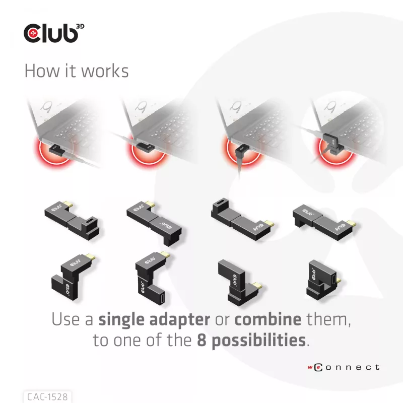USB Type-C Gen2 haakse adapterset, 2 stuks CLUB3D CAC-1528 — USB-C naar USB-C, ondersteunt 4K@120Hz