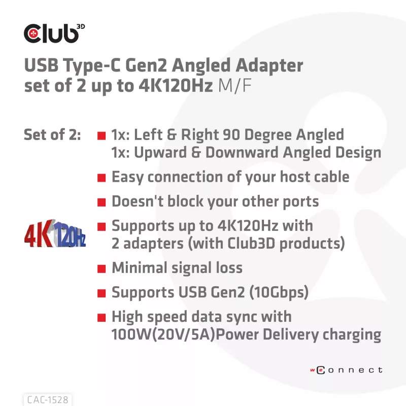 USB Type-C Gen2 haakse adapterset, 2 stuks CLUB3D CAC-1528 — USB-C naar USB-C, ondersteunt 4K@120Hz