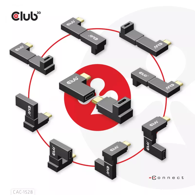 USB Type-C Gen2 haakse adapterset, 2 stuks CLUB3D CAC-1528 — USB-C naar USB-C, ondersteunt 4K@120Hz