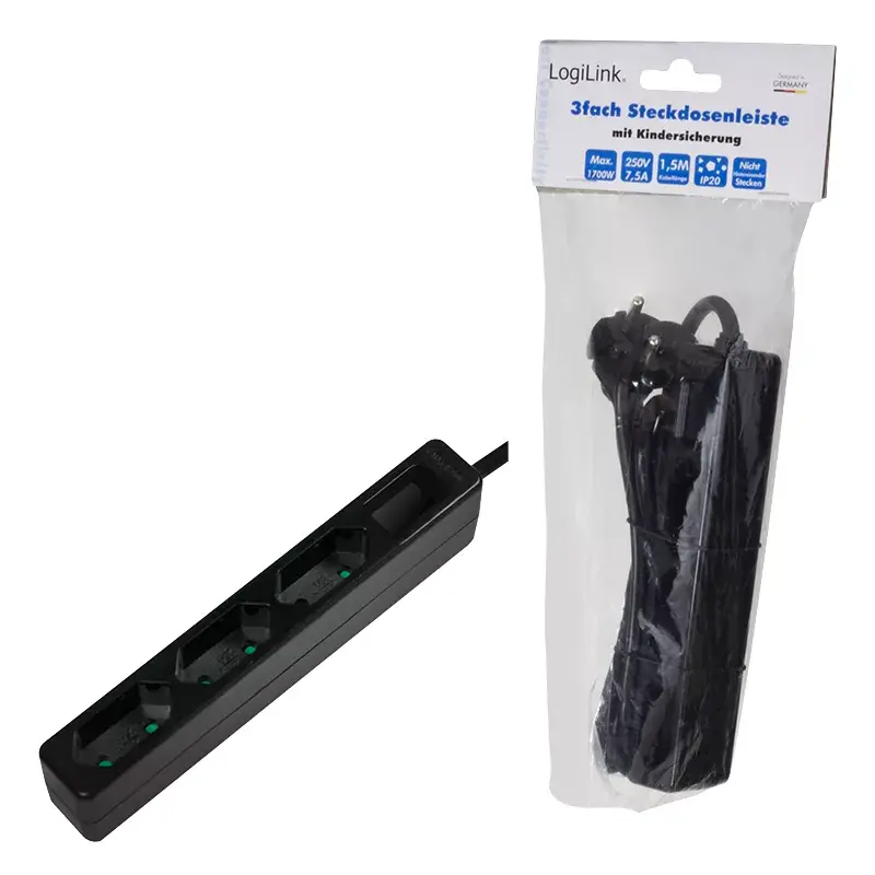 Verlengsnoer LogiLink LPS229B 1,5 m 3 AC-stopcontacten binnen zwart