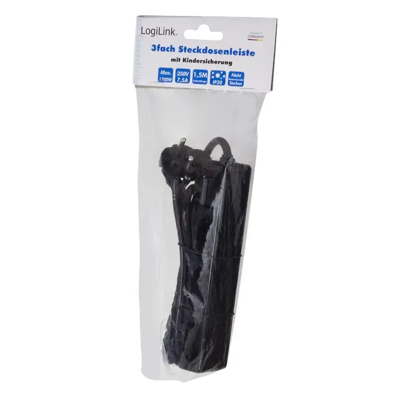 Verlengsnoer LogiLink LPS229B 1,5 m 3 AC-stopcontacten binnen zwart