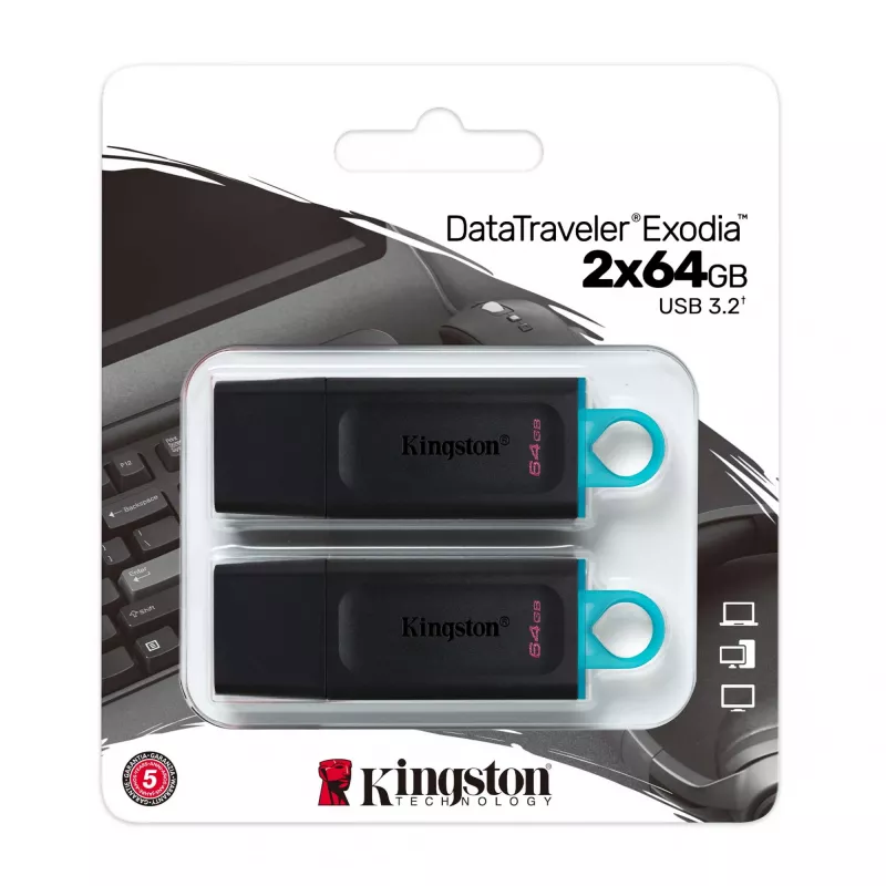 Kingston DataTraveler Exodia 64 GB USB 3.2 Gen 1 usb-stick, 2 stuks, zwart/turkoois
