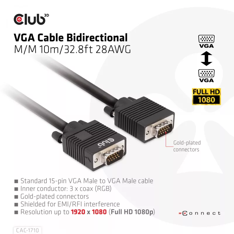 Club 3D CAC-1710 VGA-kabel HD-15 male/male, bidirectioneel, 10 m, 1080p, zwart