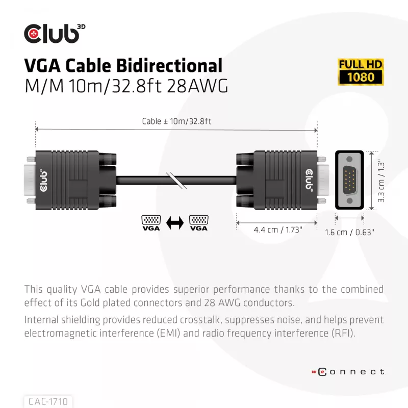 Club 3D CAC-1710 VGA-kabel HD-15 male/male, bidirectioneel, 10 m, 1080p, zwart