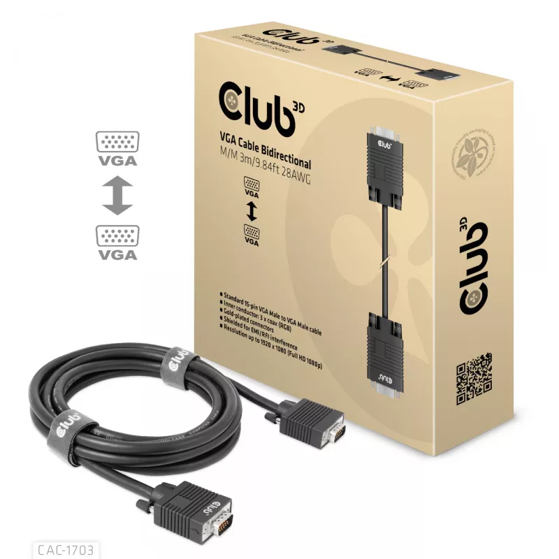 VGA-kabel, bidirectioneel, M/M, 3 m, 28AWG, CLUB3D CAC-1703