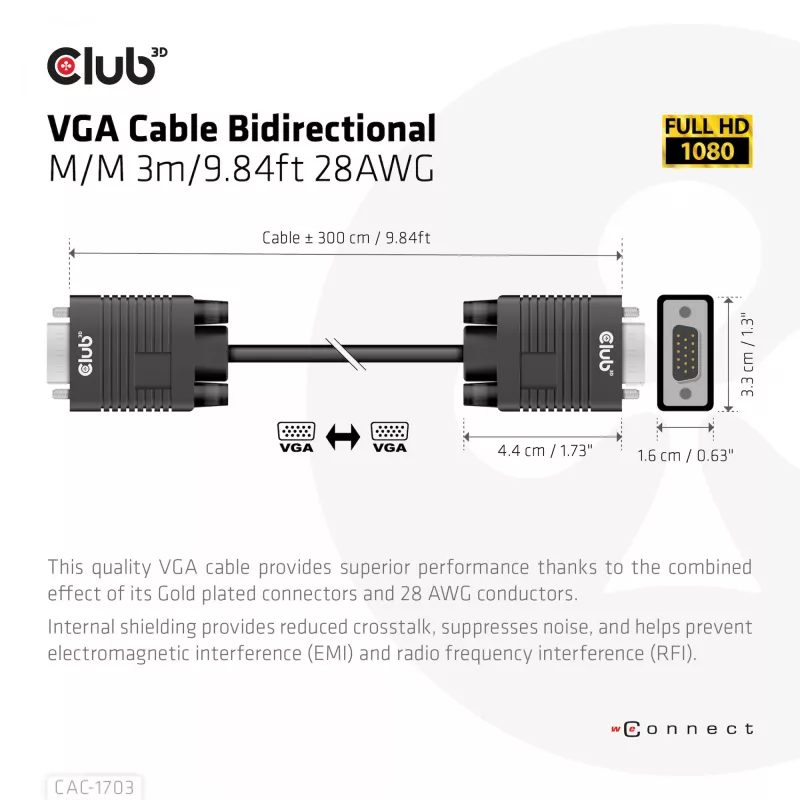VGA-kabel, bidirectioneel, M/M, 3 m, 28AWG, CLUB3D CAC-1703