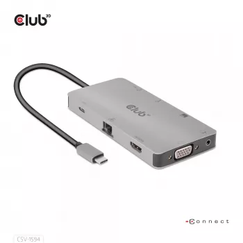 CLUB3D USB Gen1 Type-C 9-in-1-hub met HDMI, VGA, 2x USB Gen1 Type-A, RJ45, SD/Micro SD-kaartsleuven en USB Gen1 Type-C-bus
