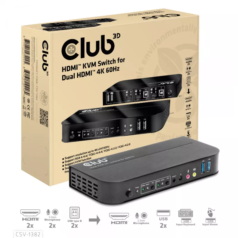 KVM-switch CLUB3D CSV-1382 dual HDMI 4K 60Hz USB