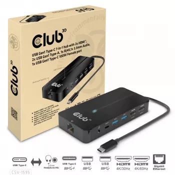 CLUB3D Type-C 7-in-1 hub met 2x HDMI, 2x USB Gen1 Type-A, 1x RJ45, 1x 3,5 mm audio, 1x USB Gen1 Type-C 100W bus
