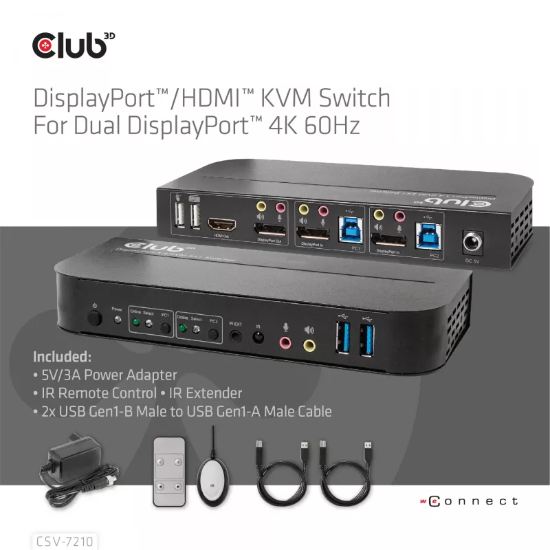 CLUB3D DisplayPort/HDMI KVM-switch voor dual DisplayPort 4K 60Hz