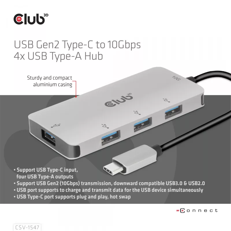 CLUB3D 4-poorts USB-A hub voor USB-C – 10 Gbps snelle overdracht