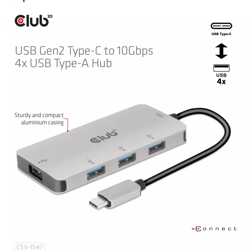 CLUB3D 4-poorts USB-A hub voor USB-C – 10 Gbps snelle overdracht