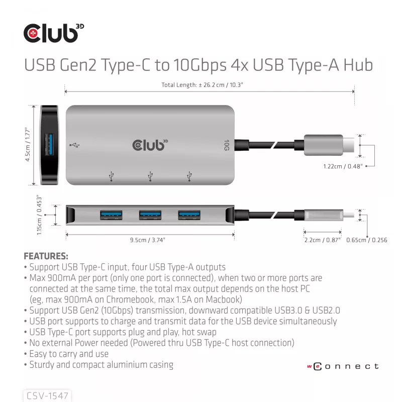 CLUB3D 4-poorts USB-A hub voor USB-C – 10 Gbps snelle overdracht