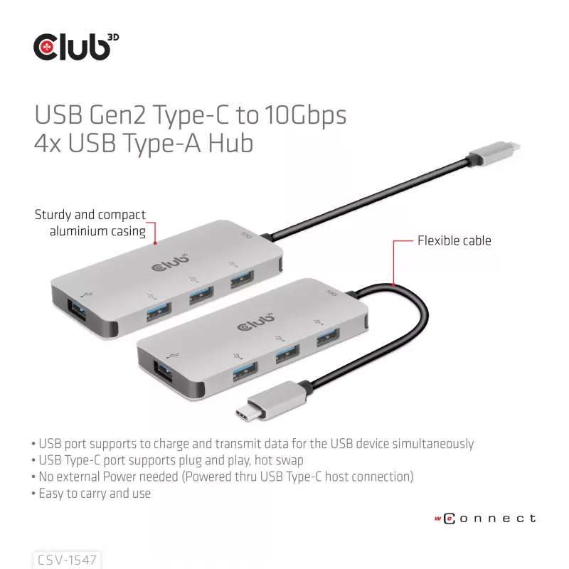 CLUB3D 4-poorts USB-A hub voor USB-C – 10 Gbps snelle overdracht