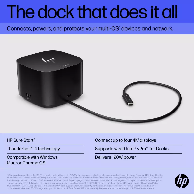 HP Thunderbolt Dock 120W G4, bekabeld, Thunderbolt 4, zwart, Kensington, China, Thailand, Taiwan, zakelijk