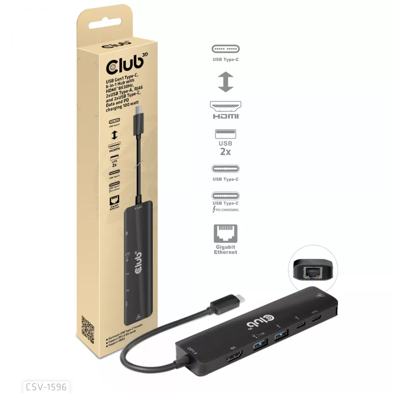 CLUB3D USB Gen1 Type-C, 6-in-1 hub met HDMI 8K30Hz, 2xUSB Type-A, RJ45 en 2xUSB Type-C, data- en PD-laden 100 watt
