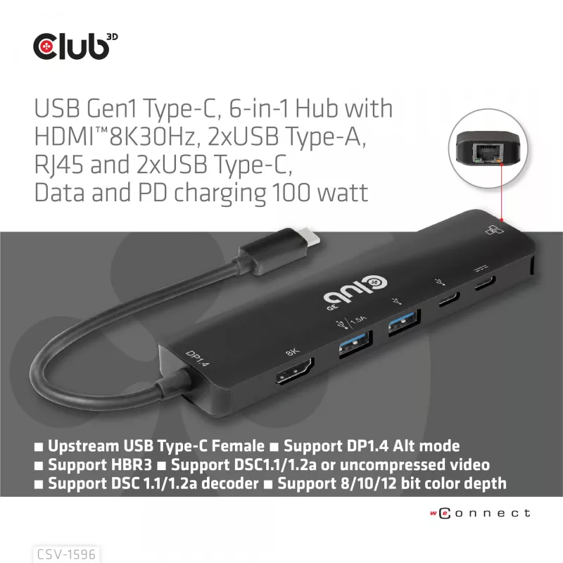 CLUB3D USB Gen1 Type-C, 6-in-1 hub met HDMI 8K30Hz, 2xUSB Type-A, RJ45 en 2xUSB Type-C, data- en PD-laden 100 watt