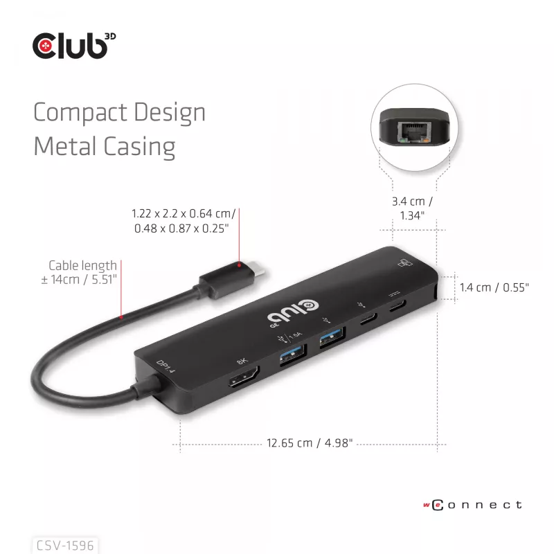 CLUB3D USB Gen1 Type-C, 6-in-1 hub met HDMI 8K30Hz, 2xUSB Type-A, RJ45 en 2xUSB Type-C, data- en PD-laden 100 watt