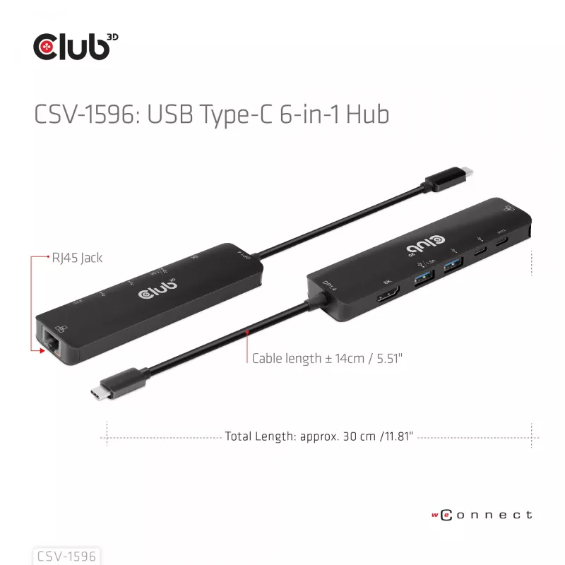 CLUB3D USB Gen1 Type-C, 6-in-1 hub met HDMI 8K30Hz, 2xUSB Type-A, RJ45 en 2xUSB Type-C, data- en PD-laden 100 watt