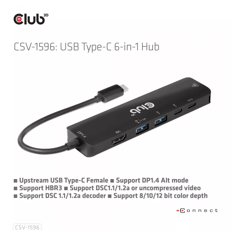 CLUB3D USB Gen1 Type-C, 6-in-1 hub met HDMI 8K30Hz, 2xUSB Type-A, RJ45 en 2xUSB Type-C, data- en PD-laden 100 watt