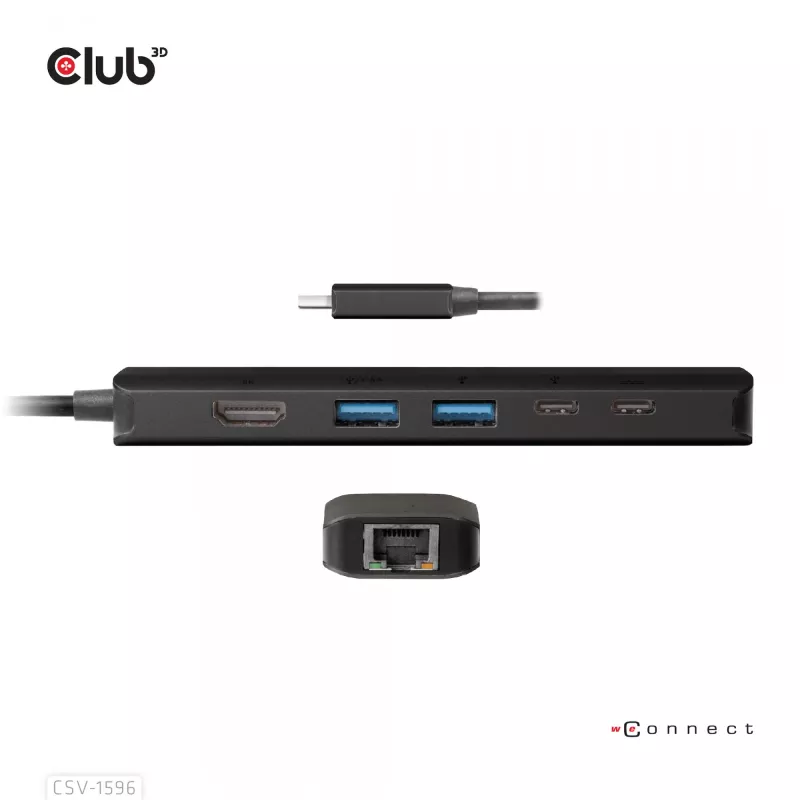 CLUB3D USB Gen1 Type-C, 6-in-1 hub met HDMI 8K30Hz, 2xUSB Type-A, RJ45 en 2xUSB Type-C, data- en PD-laden 100 watt