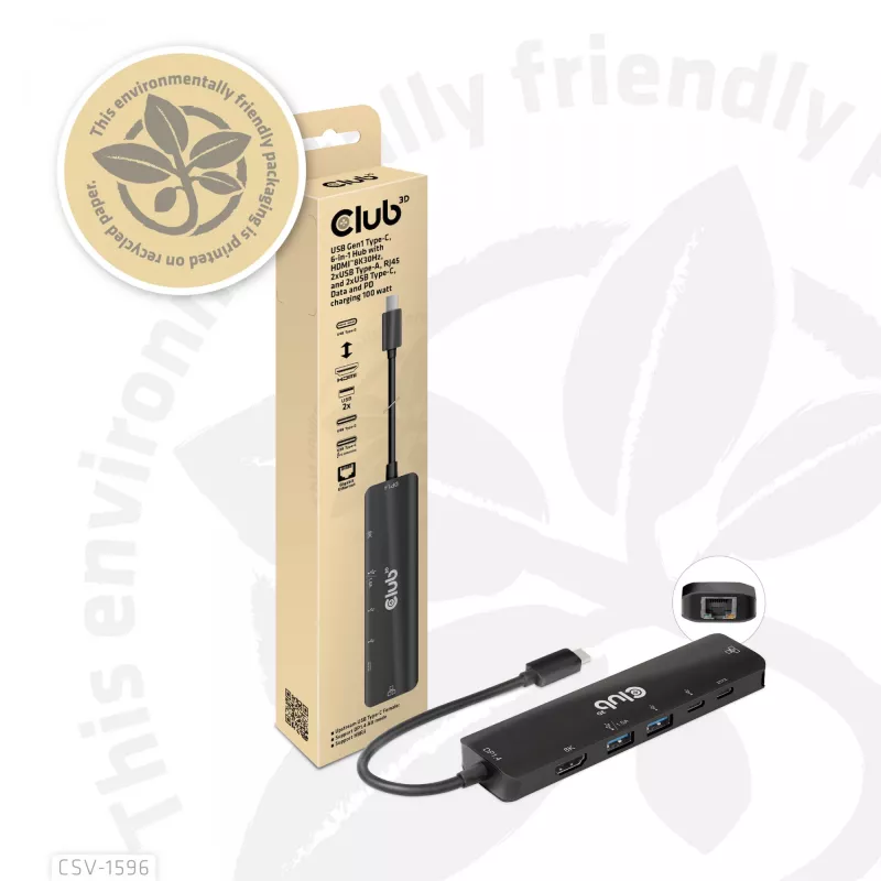 CLUB3D USB Gen1 Type-C, 6-in-1 hub met HDMI 8K30Hz, 2xUSB Type-A, RJ45 en 2xUSB Type-C, data- en PD-laden 100 watt