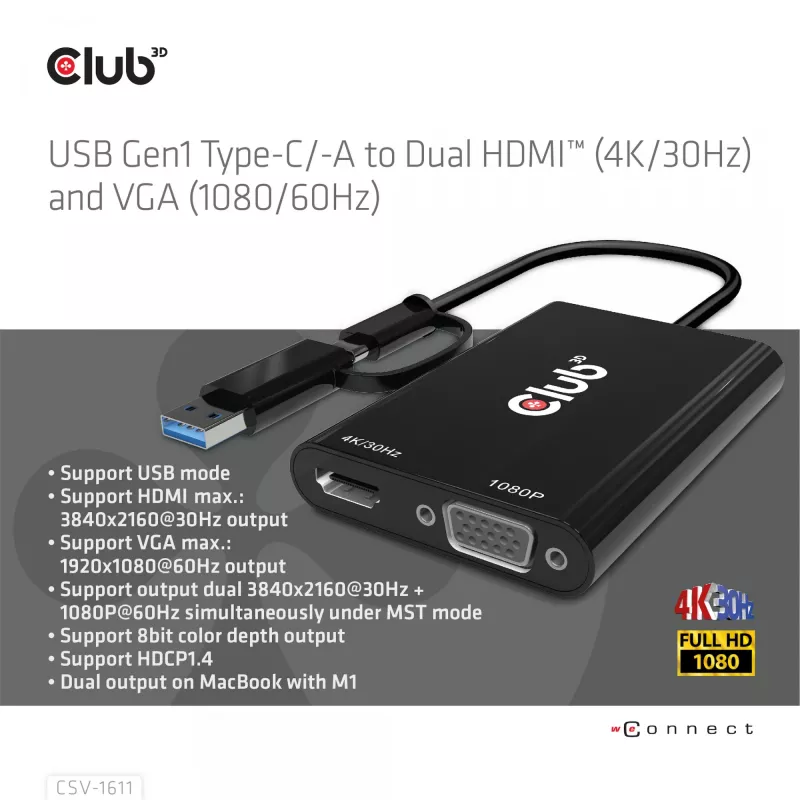 CLUB3D USB Gen1 Type-C/-A naar dual HDMI (4K/30Hz) / VGA (1080/60Hz)