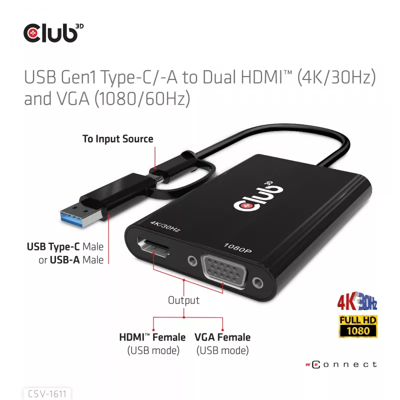 CLUB3D USB Gen1 Type-C/-A naar dual HDMI (4K/30Hz) / VGA (1080/60Hz)