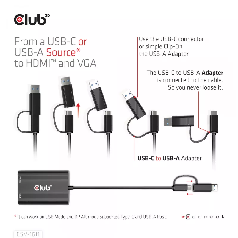 CLUB3D USB Gen1 Type-C/-A naar dual HDMI (4K/30Hz) / VGA (1080/60Hz)