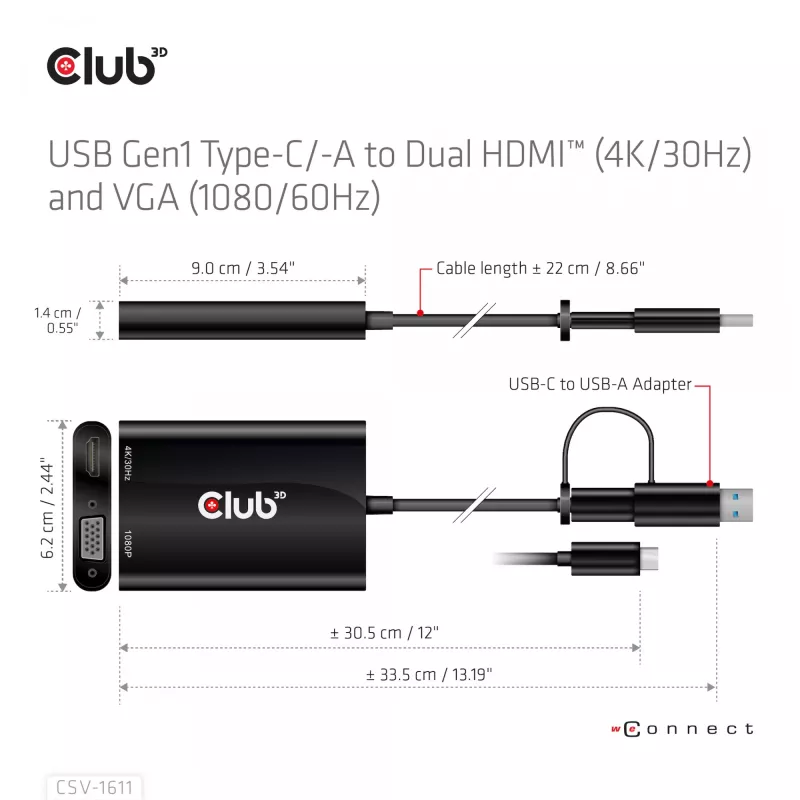 CLUB3D USB Gen1 Type-C/-A naar dual HDMI (4K/30Hz) / VGA (1080/60Hz)