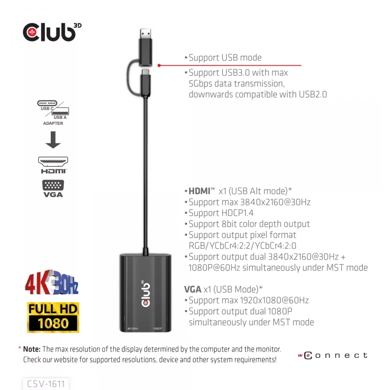 CLUB3D USB Gen1 Type-C/-A naar dual HDMI (4K/30Hz) / VGA (1080/60Hz)
