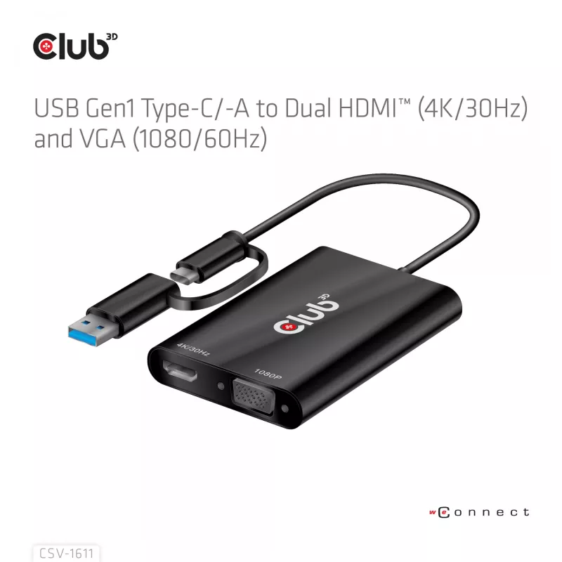 CLUB3D USB Gen1 Type-C/-A naar dual HDMI (4K/30Hz) / VGA (1080/60Hz)