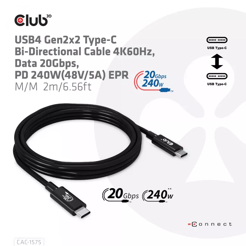 CLUB3D USB4 Gen2x2 Type-C bidirectionele kabel 4K60Hz, data 20Gbps, PD 240W(48V/5A) EPR M/M 2m