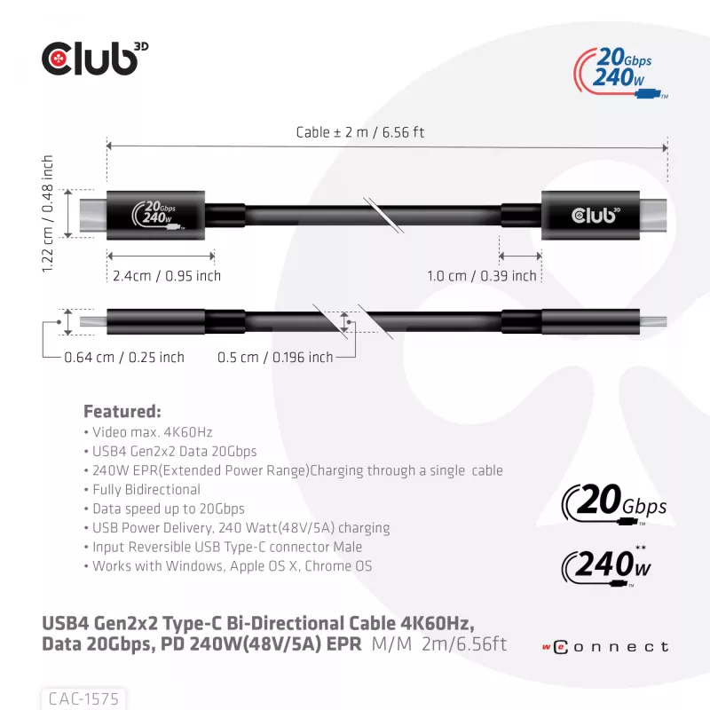 CLUB3D USB4 Gen2x2 Type-C bidirectionele kabel 4K60Hz, data 20Gbps, PD 240W(48V/5A) EPR M/M 2m